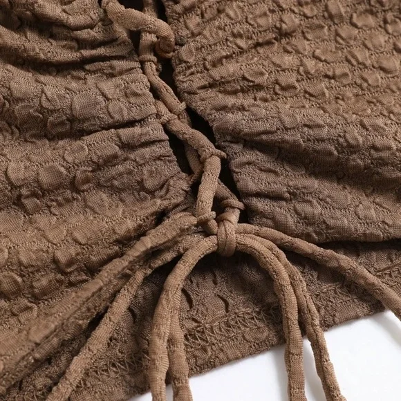 Cider Cut-Out Halter Tank Top with Corset Front + Cross Neck Tie in Brown | S - Picture 6 of 9